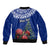 Personalized New Zealand Christmas Sleeve Zip Bomber Jacket Maori Santa Pikorua and Pohutukawa Meri Kirihimete Blue LT03 - Polynesian Pride