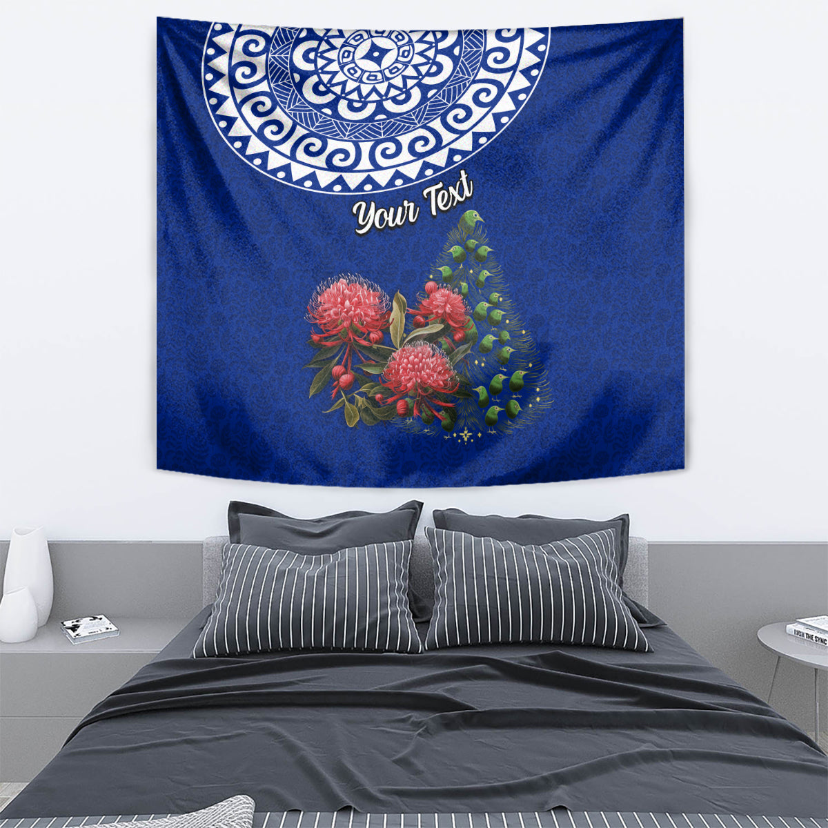 Personalized New Zealand Christmas Tapestry Maori Santa Pikorua and Pohutukawa Meri Kirihimete Blue LT03 - Polynesian Pride