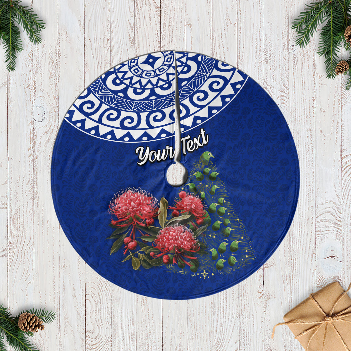 Personalized New Zealand Christmas Tree Skirt Maori Santa Pikorua and Pohutukawa Meri Kirihimete Blue LT03 Blue - Polynesian Pride