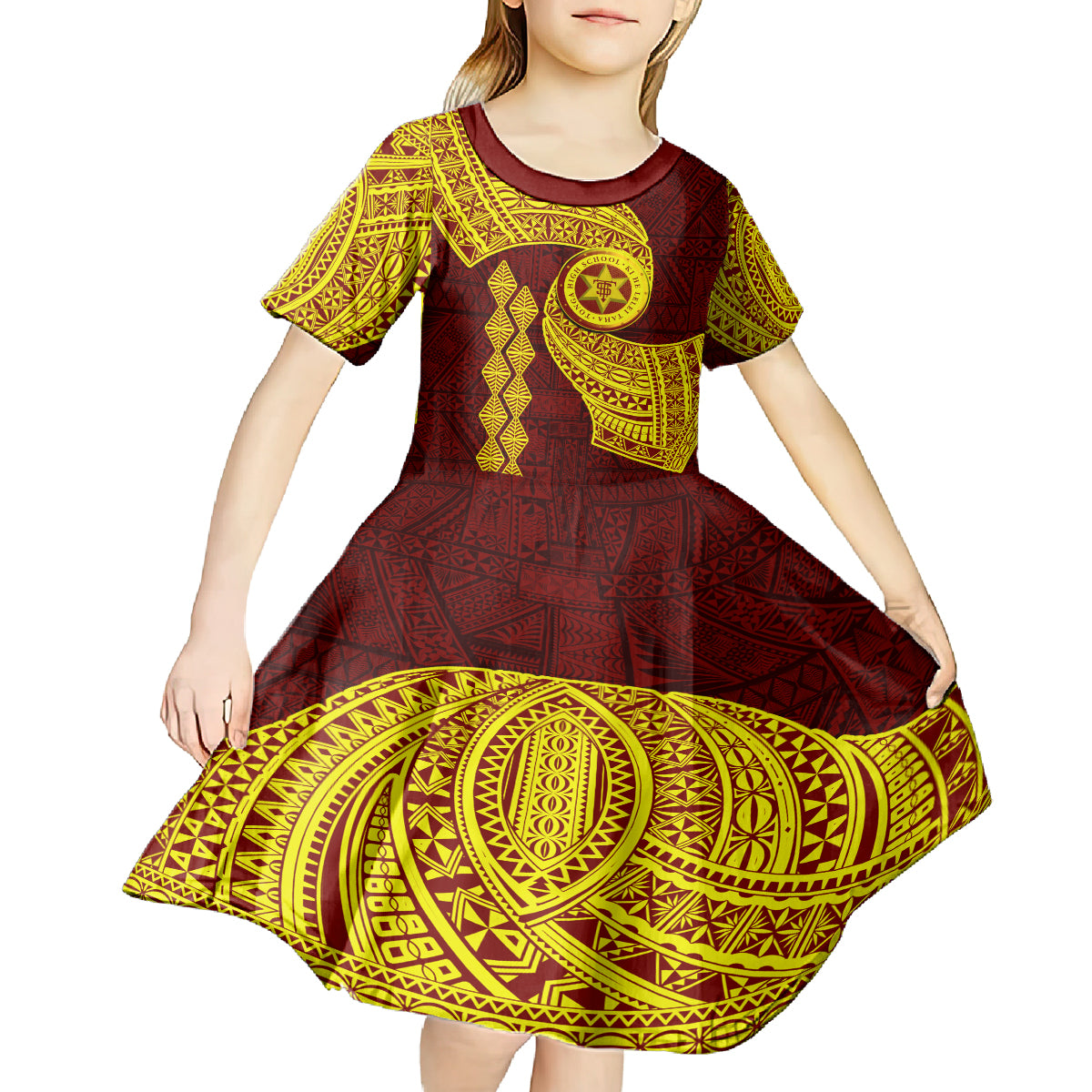 Tonga High School Kid Short Sleeve Dress Traditional Ngatu and Polynesian Pattern LT03 - Polynesian Pride