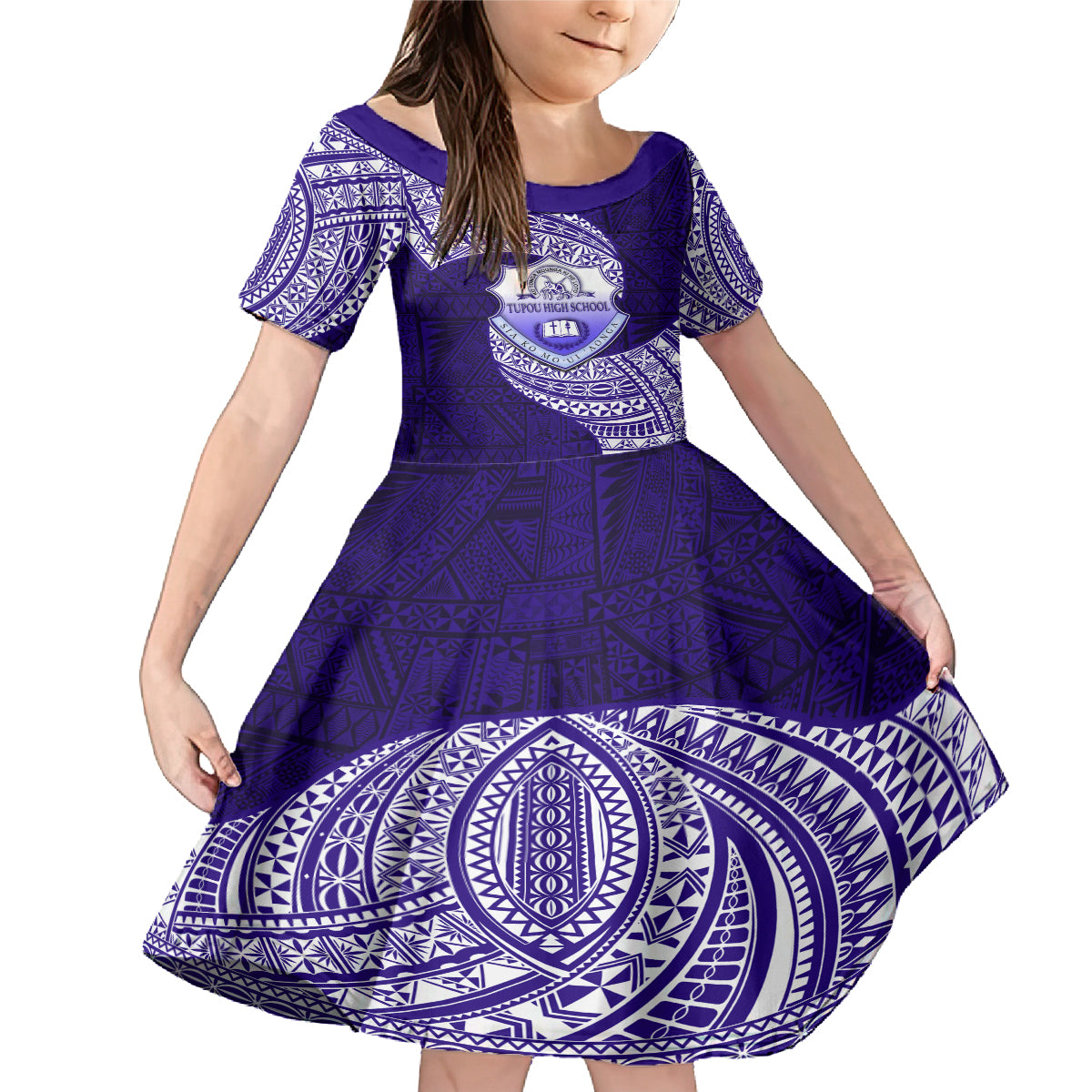 Tonga Tupou High School Family Matching Mermaid Dress and Hawaiian Shirt Traditional Ngatu and Polynesian Pattern LT03 Daughter's Dress Blue - Polynesian Pride