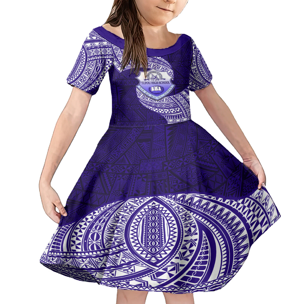 Tonga Tupou High School Family Matching Off Shoulder Maxi Dress and Hawaiian Shirt Traditional Ngatu and Polynesian Pattern LT03 Daughter's Dress Blue - Polynesian Pride