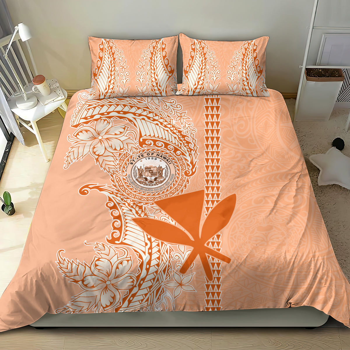 Kanaka Maoli Tropical Flowers with Kakau Tribal Bedding Set Peach Fuzz Color LT03 - Polynesian Pride