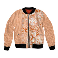 Kanaka Maoli Tropical Flowers with Kakau Tribal Bomber Jacket Peach Fuzz Color LT03 Unisex Peach Fuzz - Polynesian Pride