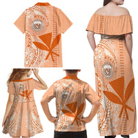 Kanaka Maoli Tropical Flowers with Kakau Tribal Family Matching Off Shoulder Maxi Dress and Hawaiian Shirt Peach Fuzz Color LT03 - Polynesian Pride
