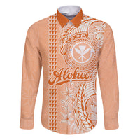 Kanaka Maoli Tropical Flowers with Kakau Tribal Family Matching Puletasi Dress and Hawaiian Shirt Peach Fuzz Color LT03 Dad's Shirt - Long Sleeve Peach Fuzz - Polynesian Pride