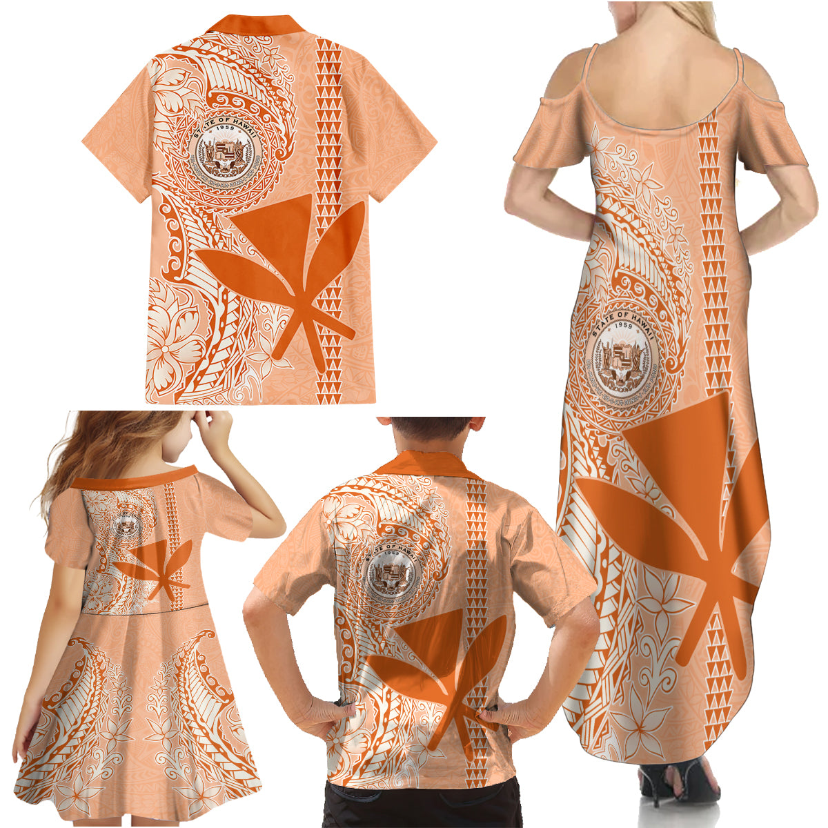 Kanaka Maoli Tropical Flowers with Kakau Tribal Family Matching Summer Maxi Dress and Hawaiian Shirt Peach Fuzz Color LT03 - Polynesian Pride