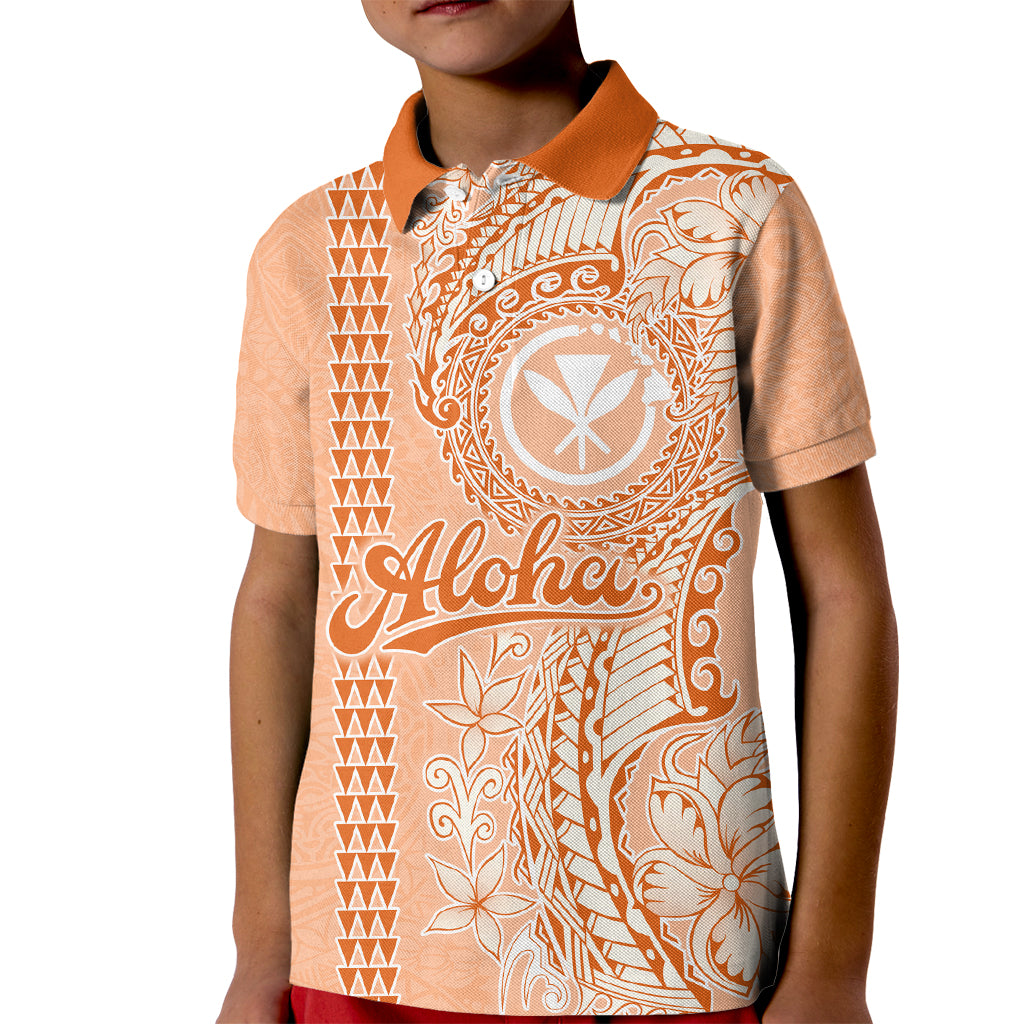 Kanaka Maoli Tropical Flowers with Kakau Tribal Kid Polo Shirt Peach Fuzz Color LT03 Kid Peach Fuzz - Polynesian Pride