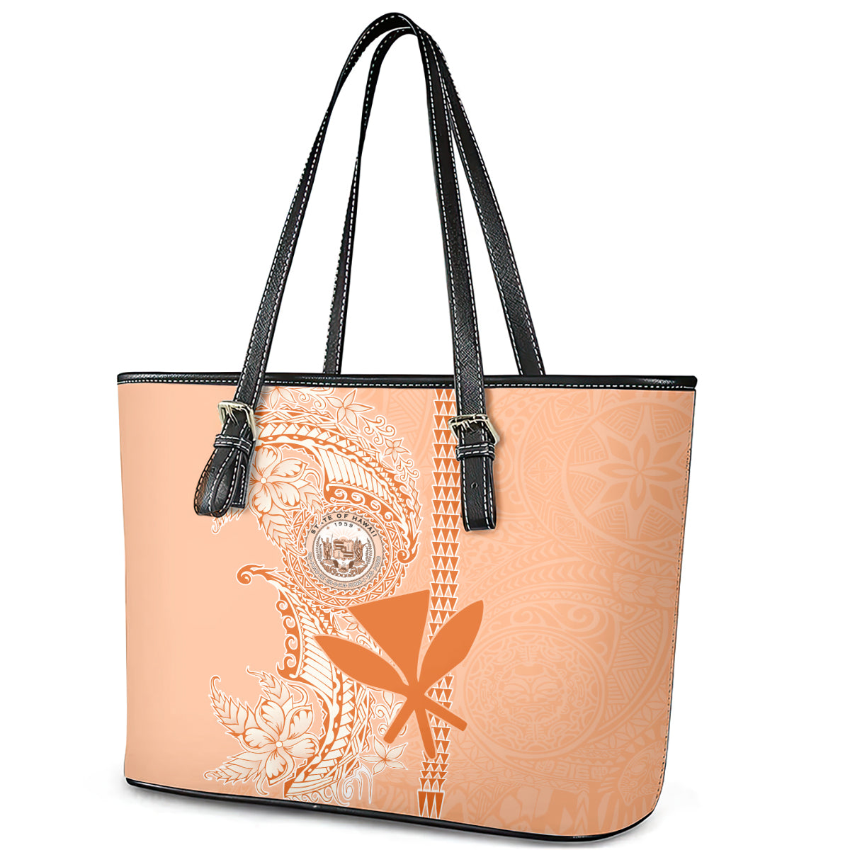 Kanaka Maoli Tropical Flowers with Kakau Tribal Leather Tote Bag Peach Fuzz Color LT03 - Polynesian Pride