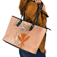 Kanaka Maoli Tropical Flowers with Kakau Tribal Leather Tote Bag Peach Fuzz Color LT03 - Polynesian Pride