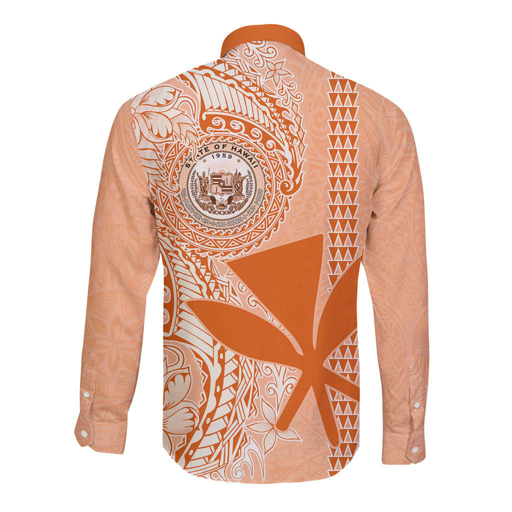 Kanaka Maoli Tropical Flowers with Kakau Tribal Long Sleeve Button Shirt Peach Fuzz Color LT03 - Polynesian Pride