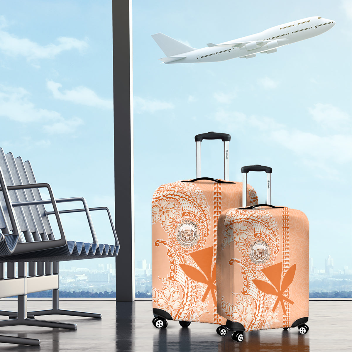Kanaka Maoli Tropical Flowers with Kakau Tribal Luggage Cover Peach Fuzz Color LT03 - Polynesian Pride