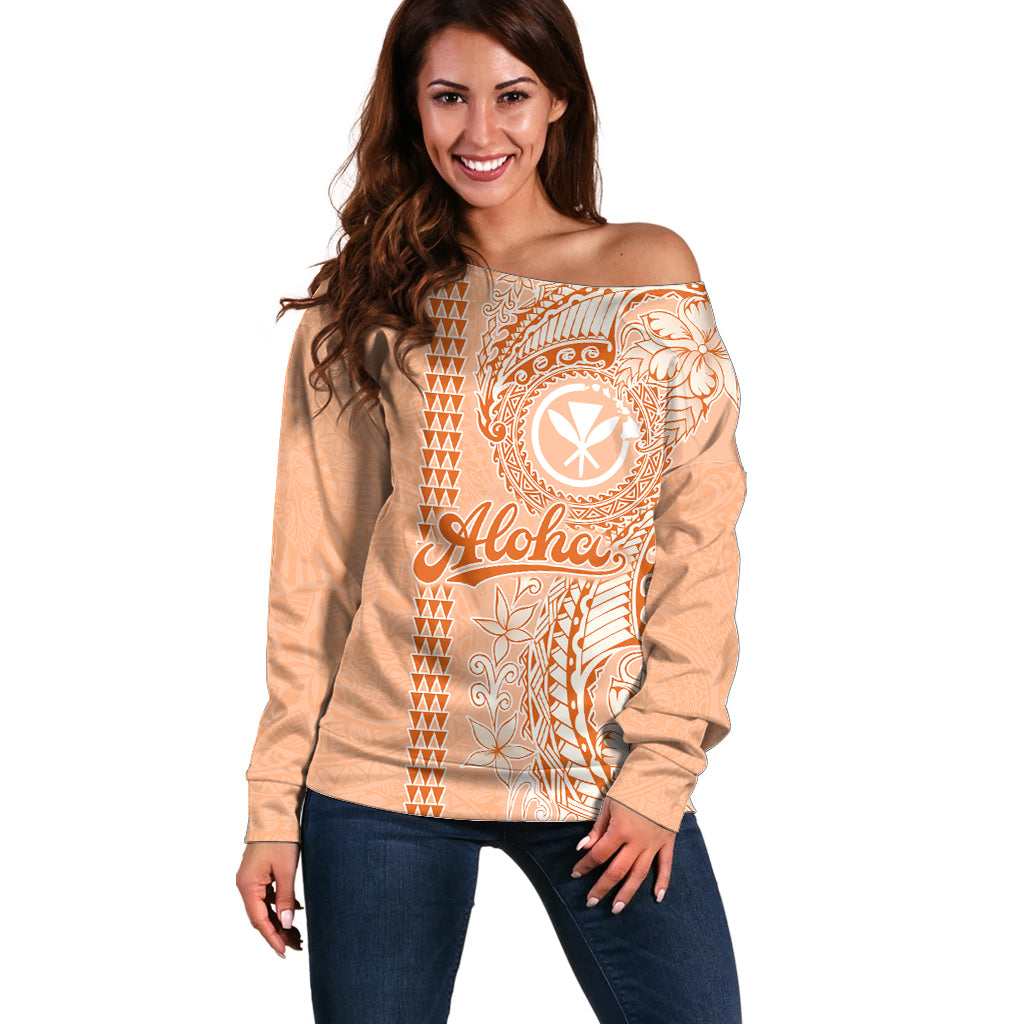 Kanaka Maoli Tropical Flowers with Kakau Tribal Off Shoulder Sweater Peach Fuzz Color LT03 Women Peach Fuzz - Polynesian Pride