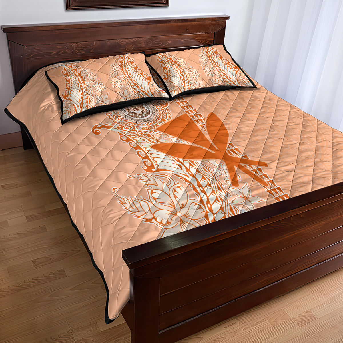 Kanaka Maoli Tropical Flowers with Kakau Tribal Quilt Bed Set Peach Fuzz Color LT03 - Polynesian Pride