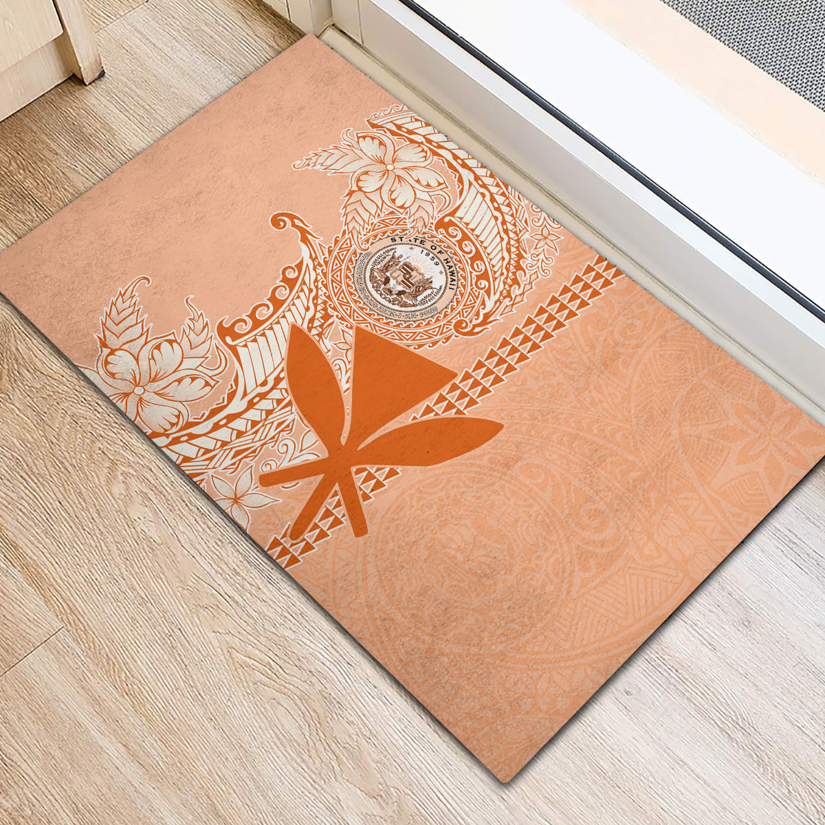 Kanaka Maoli Tropical Flowers with Kakau Tribal Rubber Doormat Peach Fuzz Color LT03 - Polynesian Pride