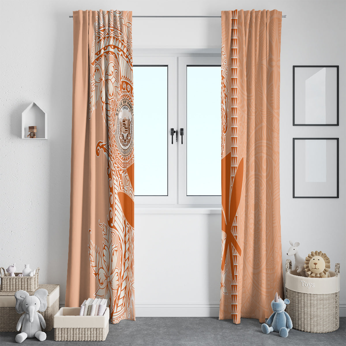 Kanaka Maoli Tropical Flowers with Kakau Tribal Window Curtain Peach Fuzz Color LT03 - Polynesian Pride
