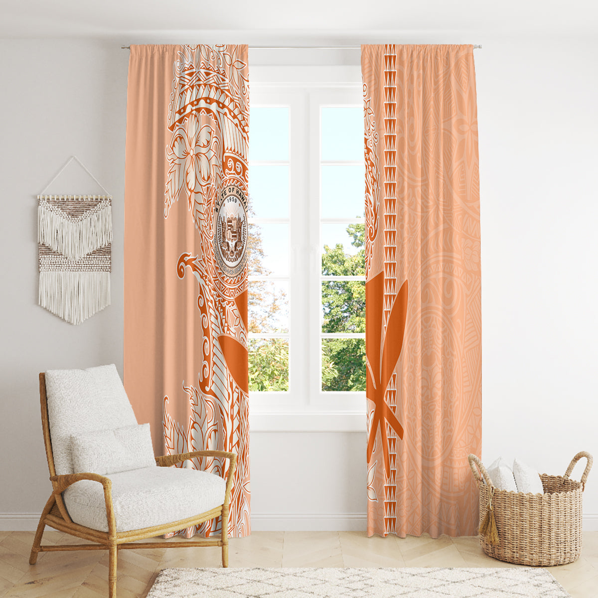 Kanaka Maoli Tropical Flowers with Kakau Tribal Window Curtain Peach Fuzz Color LT03 - Polynesian Pride