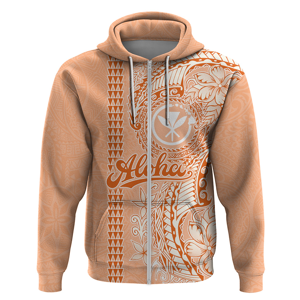 Kanaka Maoli Tropical Flowers with Kakau Tribal Zip Hoodie Peach Fuzz Color LT03 Zip Hoodie Peach Fuzz - Polynesian Pride