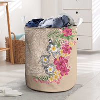 Hawaiian Tropical Flowers and Tribal Turtles Laundry Basket Polynesian Art Motifs Beige Color - Polynesian Pride
