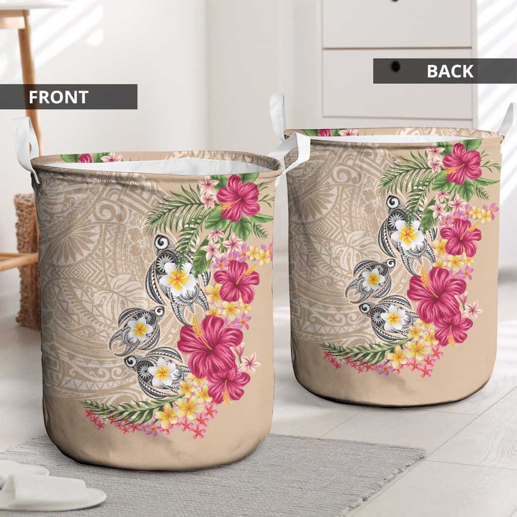 Hawaiian Tropical Flowers and Tribal Turtles Laundry Basket Polynesian Art Motifs Beige Color - Polynesian Pride