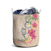Hawaiian Tropical Flowers and Tribal Turtles Laundry Basket Polynesian Art Motifs Beige Color - Polynesian Pride