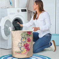 Hawaiian Tropical Flowers and Tribal Turtles Laundry Basket Polynesian Art Motifs Beige Color - Polynesian Pride
