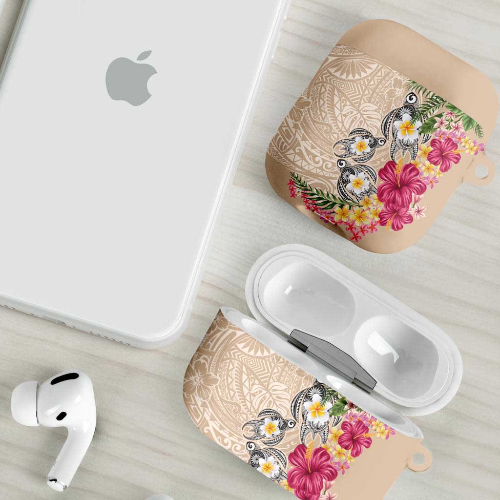 Hawaiian Tropical Flowers and Tribal Turtles AirPods Case Polynesian Art Motifs Beige Color - Polynesian Pride