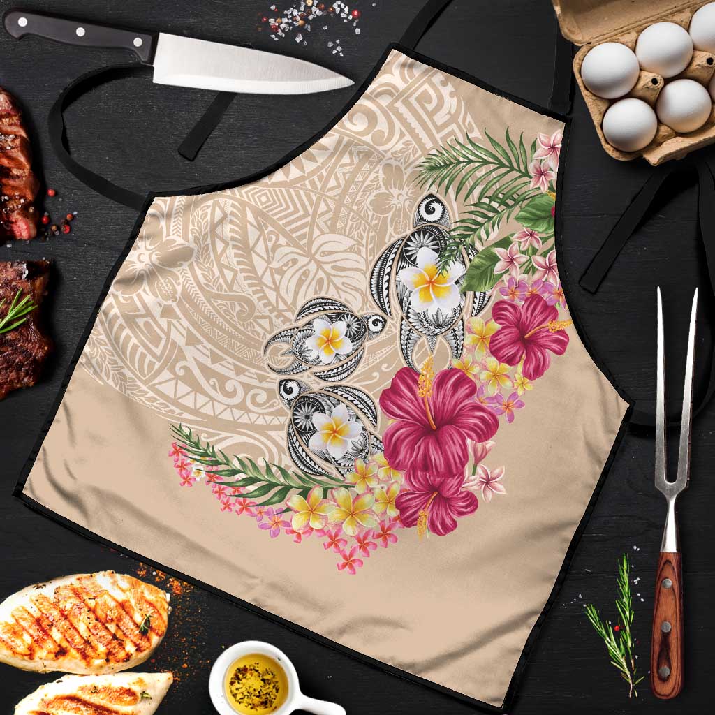 Hawaiian Tropical Flowers and Tribal Turtles Apron Polynesian Art Motifs Beige Color - Polynesian Pride