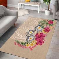 Hawaiian Tropical Flowers and Tribal Turtles Area Rug Polynesian Art Motifs Beige Color - Polynesian Pride