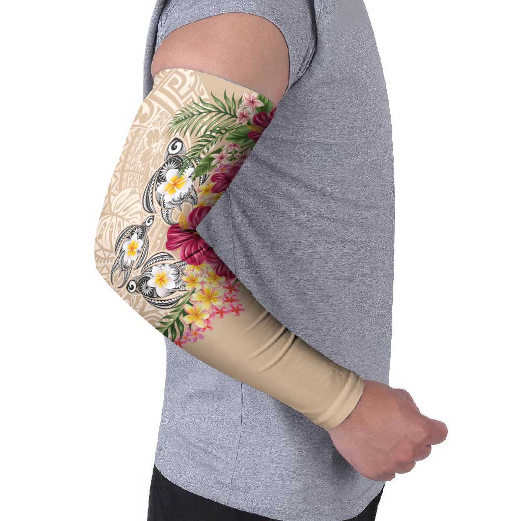 Hawaiian Tropical Flowers and Tribal Turtles Arm Sleeves Polynesian Art Motifs Beige Color - Polynesian Pride