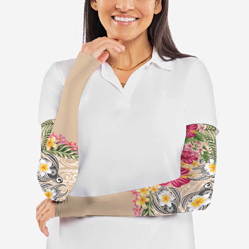 Hawaiian Tropical Flowers and Tribal Turtles Arm Sleeves Polynesian Art Motifs Beige Color - Polynesian Pride