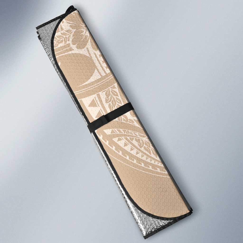 Hawaiian Tropical Flowers and Tribal Turtles Auto Sun Shade Polynesian Art Motifs Beige Color - Polynesian Pride