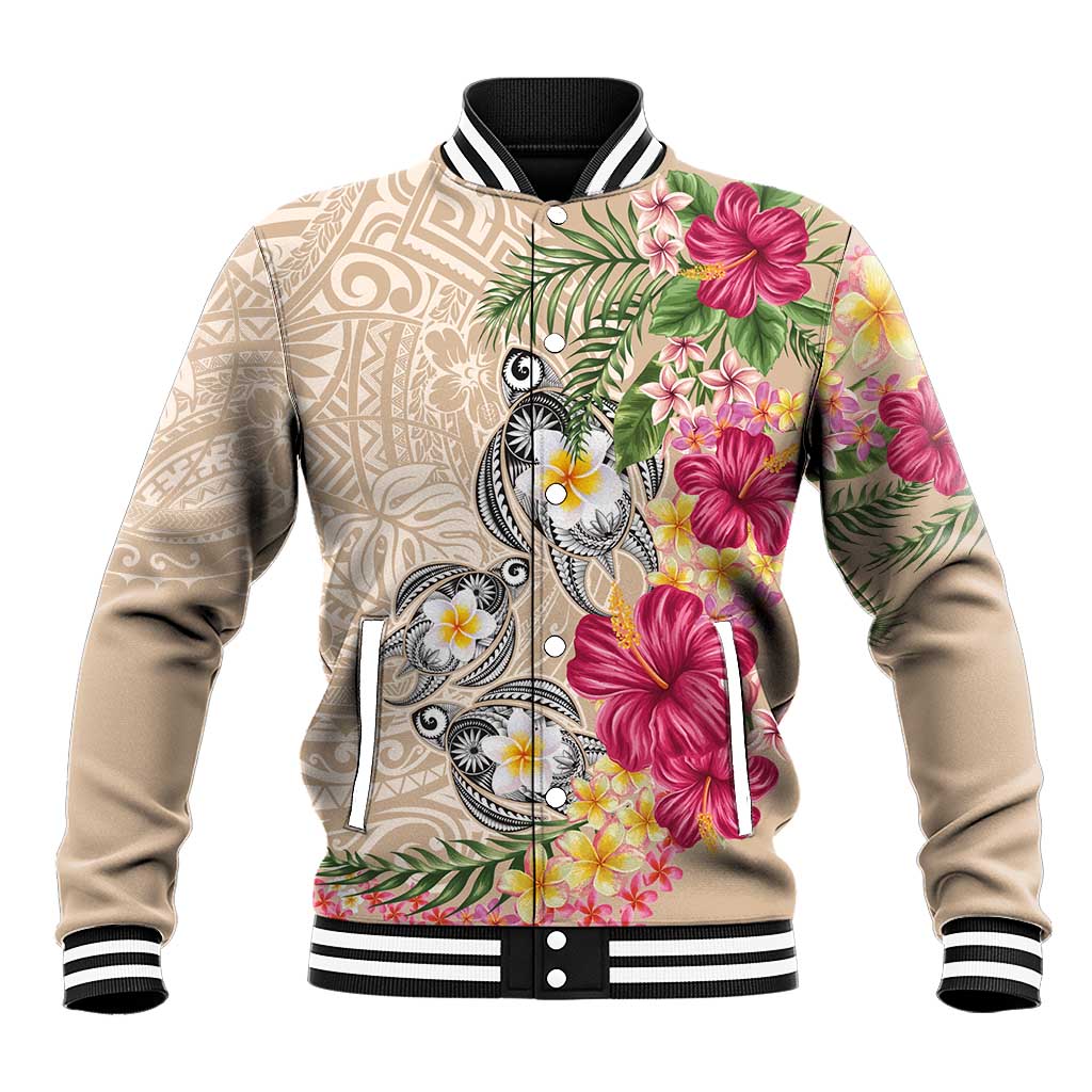 Hawaiian Tropical Flowers and Tribal Turtles Baseball Jacket Polynesian Art Motifs Beige Color - Polynesian Pride
