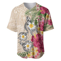 Hawaiian Tropical Flowers and Tribal Turtles Baseball Jersey Polynesian Art Motifs Beige Color - Polynesian Pride