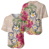 Hawaiian Tropical Flowers and Tribal Turtles Baseball Jersey Polynesian Art Motifs Beige Color - Polynesian Pride