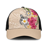 Hawaiian Tropical Flowers and Tribal Turtles Baseball Net Cap Polynesian Art Motifs Beige Color - Polynesian Pride