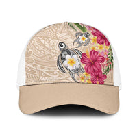 Hawaiian Tropical Flowers and Tribal Turtles Baseball Net Cap Polynesian Art Motifs Beige Color - Polynesian Pride