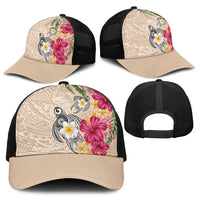 Hawaiian Tropical Flowers and Tribal Turtles Baseball Net Cap Polynesian Art Motifs Beige Color - Polynesian Pride