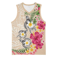 Hawaiian Tropical Flowers and Tribal Turtles Basketball Jersey Polynesian Art Motifs Beige Color - Polynesian Pride