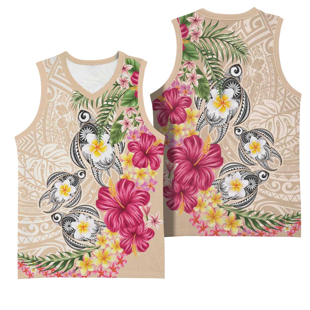 Hawaiian Tropical Flowers and Tribal Turtles Basketball Jersey Polynesian Art Motifs Beige Color - Polynesian Pride