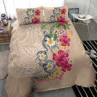 Hawaiian Tropical Flowers and Tribal Turtles Bedding Set Polynesian Art Motifs Beige Color - Polynesian Pride