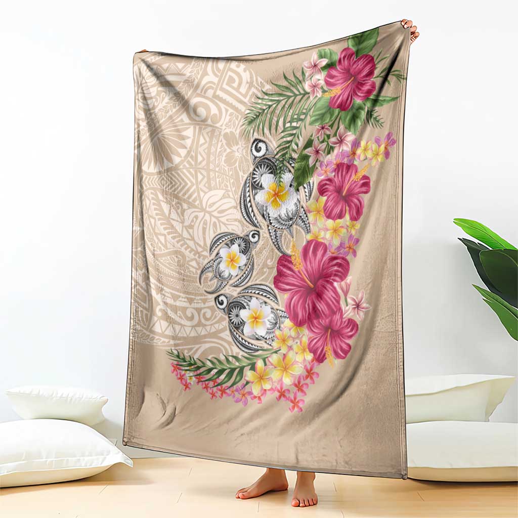 Hawaiian Tropical Flowers and Tribal Turtles Blanket Polynesian Art Motifs Beige Color - Polynesian Pride