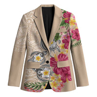 Hawaiian Tropical Flowers and Tribal Turtles Blazer Polynesian Art Motifs Beige Color - Polynesian Pride