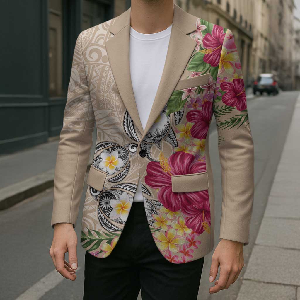 Hawaiian Tropical Flowers and Tribal Turtles Blazer Polynesian Art Motifs Beige Color - Polynesian Pride