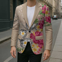 Hawaiian Tropical Flowers and Tribal Turtles Blazer Polynesian Art Motifs Beige Color - Polynesian Pride