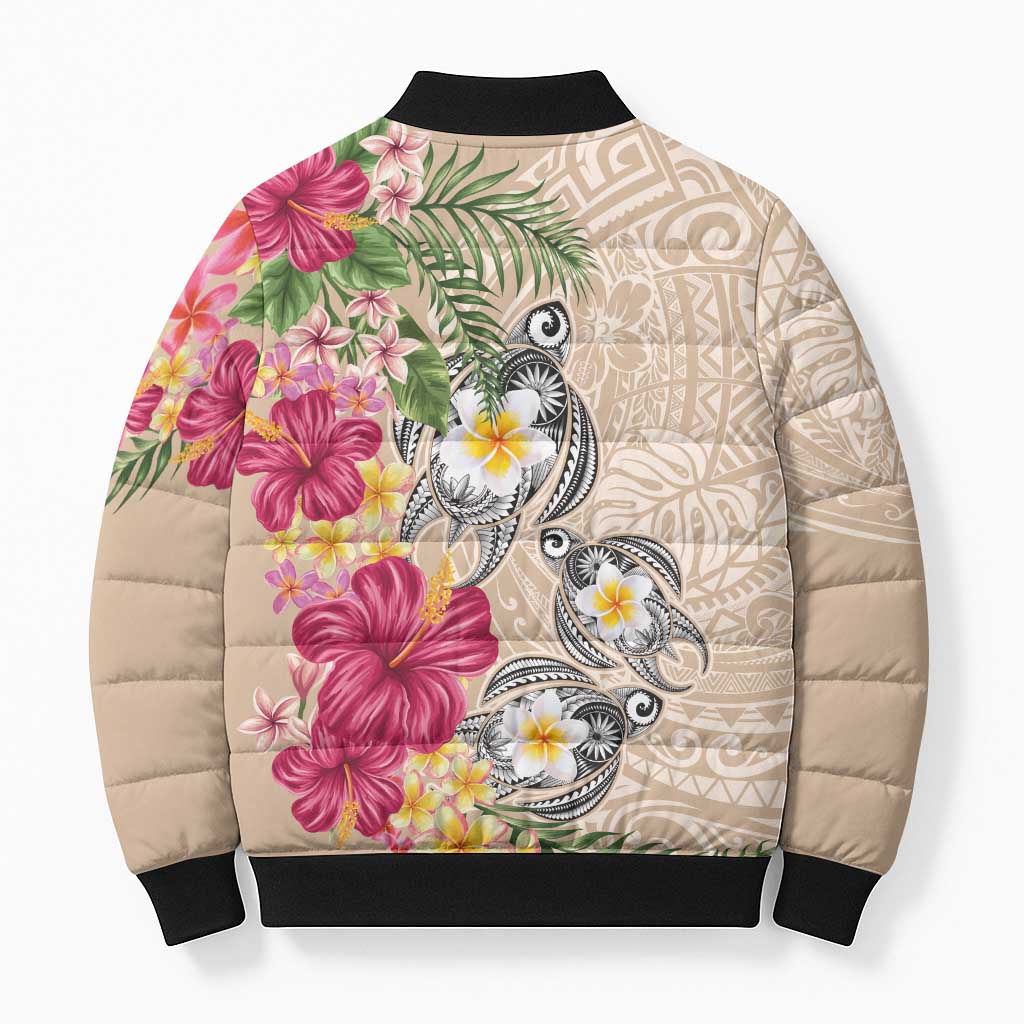 Hawaiian Tropical Flowers and Tribal Turtles Bomber Puffer Jacket Polynesian Art Motifs Beige Color - Polynesian Pride