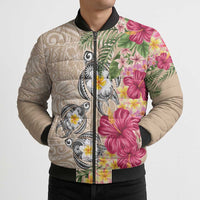 Hawaiian Tropical Flowers and Tribal Turtles Bomber Puffer Jacket Polynesian Art Motifs Beige Color - Polynesian Pride