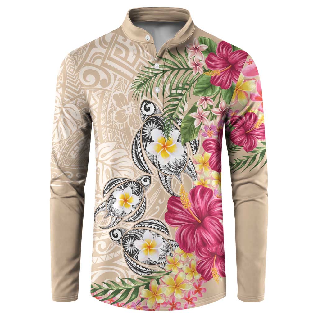 Hawaiian Tropical Flowers and Tribal Turtles Button Sweatshirt Polynesian Art Motifs Beige Color - Polynesian Pride