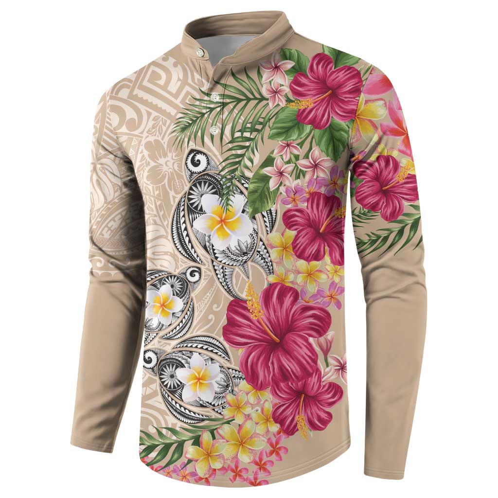 Hawaiian Tropical Flowers and Tribal Turtles Button Sweatshirt Polynesian Art Motifs Beige Color - Polynesian Pride