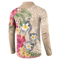 Hawaiian Tropical Flowers and Tribal Turtles Button Sweatshirt Polynesian Art Motifs Beige Color - Polynesian Pride